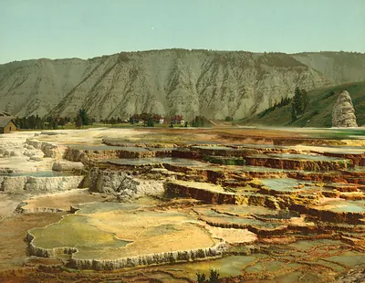 Travertine terraces with hotel buildings, Yellowstone National Park