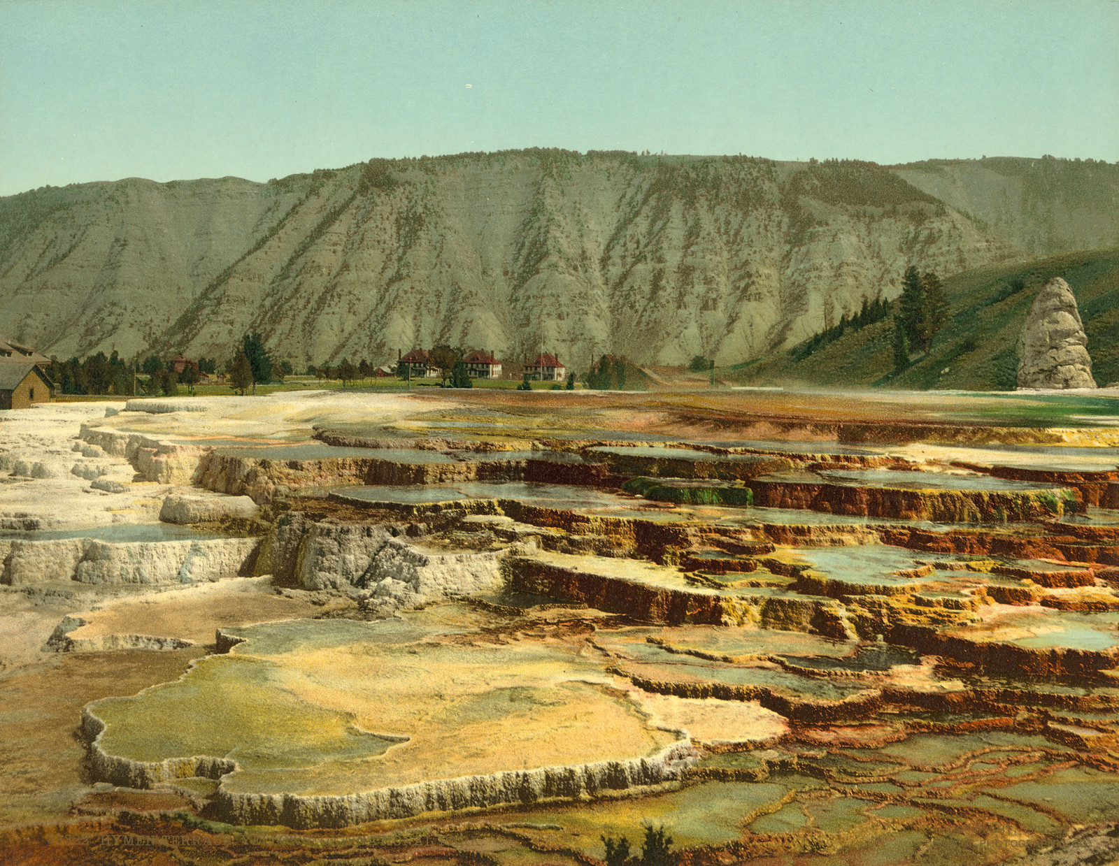 Travertine terraces with hotel buildings, Yellowstone National Park — historic image