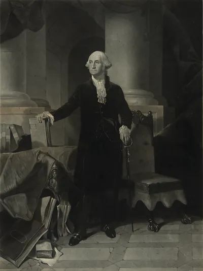 George Washington standing full length beside a chair and books