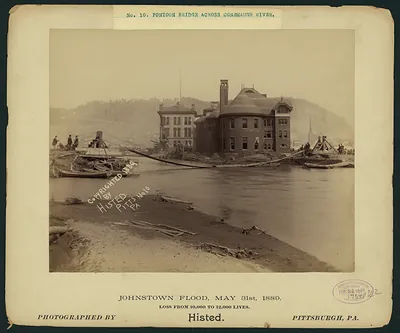 Pontoon bridge across Conemaugh river, Johnstown Flood, May 31st, 1889