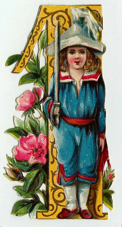 Die-cut scrap of a child with sword beside gold letter A