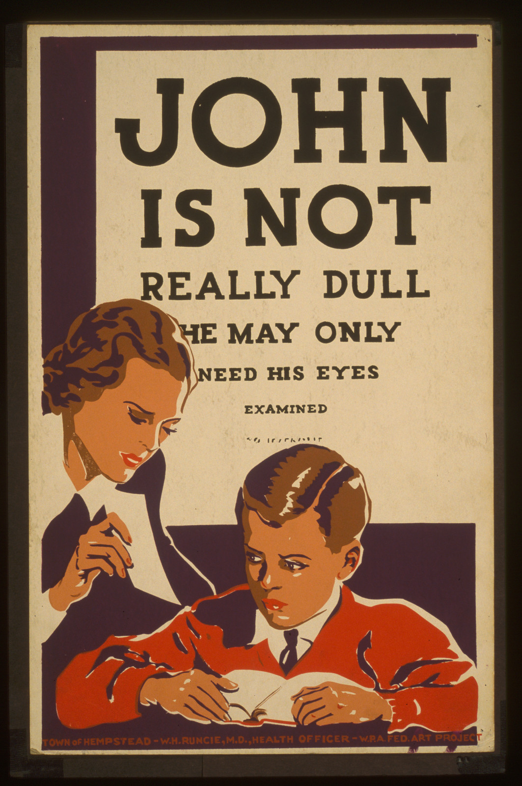 John is not really dull - he may only need his eyes examined, 1936 — vintage poster