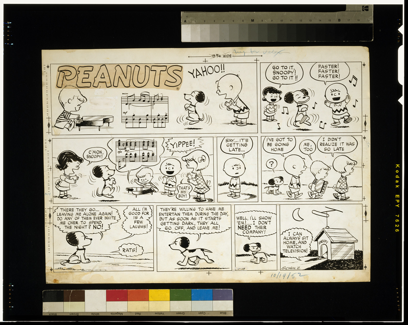 Peanuts. Yahoo!!" / Schulz." — historic drawing