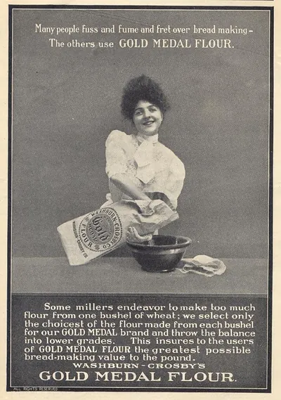 Gold Medal Flour advertisement with woman baking, Washburn-Crosby