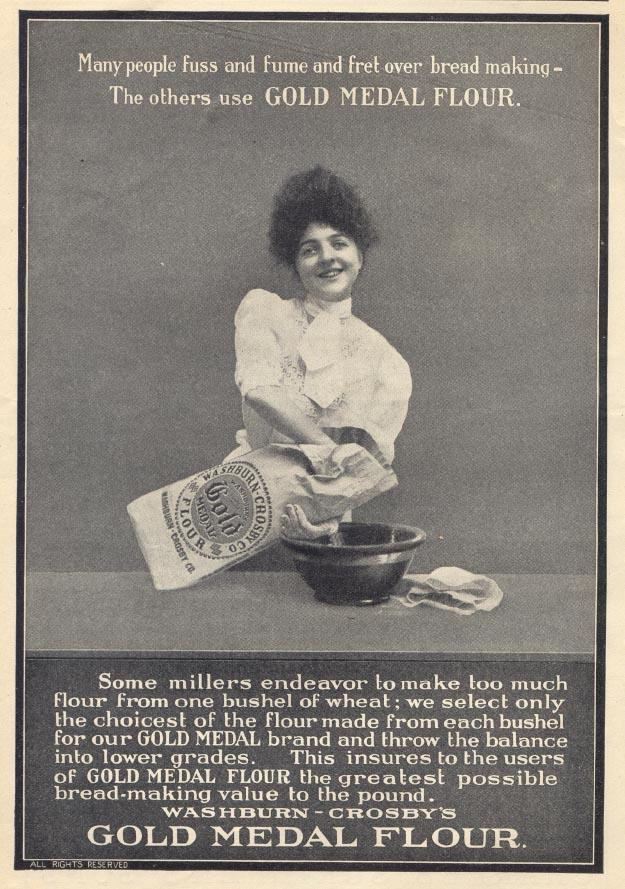 Gold Medal Flour advertisement with woman baking, Washburn-Crosby — historic image
