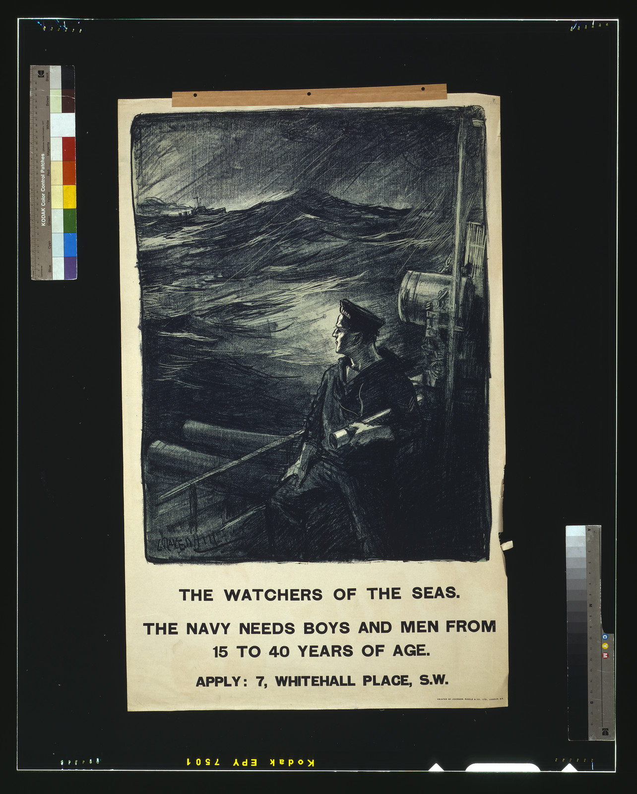 The watchers of the seas. The navy needs boys and men from 15 to 40 years of age / L. Ravenhill printed by Johnson Riddle Co. Ltd. London S.E., 1915 — vintage poster