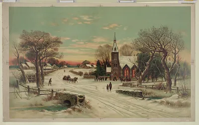 Winter village scene with church and horse-drawn sleigh
