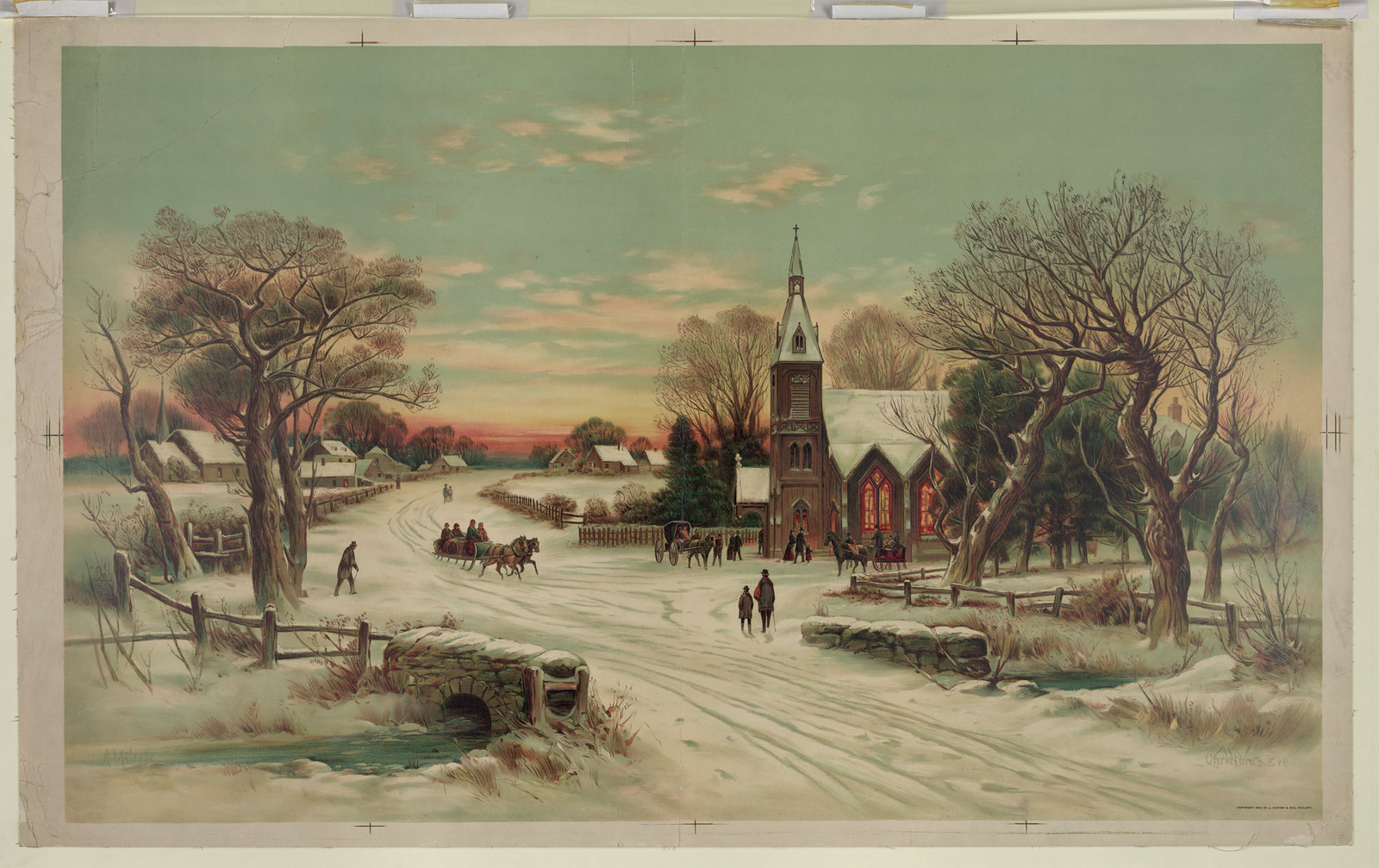 Winter village scene with church and horse-drawn sleigh — historic image