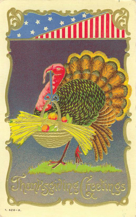 Thanksgiving Greetings turkey postcard with flag and basket — vintage postcard