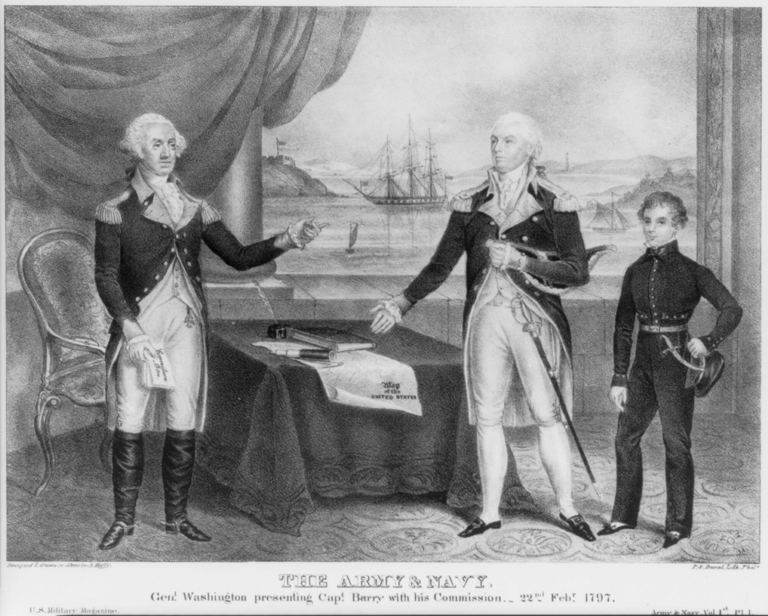 Army & Navy. Genl. Washington presenting Capt. Barry with his Commission - 22nd Febr. 1797, c1840. — historic print