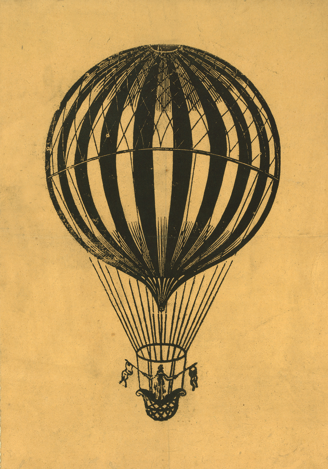 Hot air balloon with a figure standing in the basket — historic image