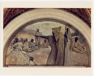 Robed figures addressing seated listeners in a lunette mural