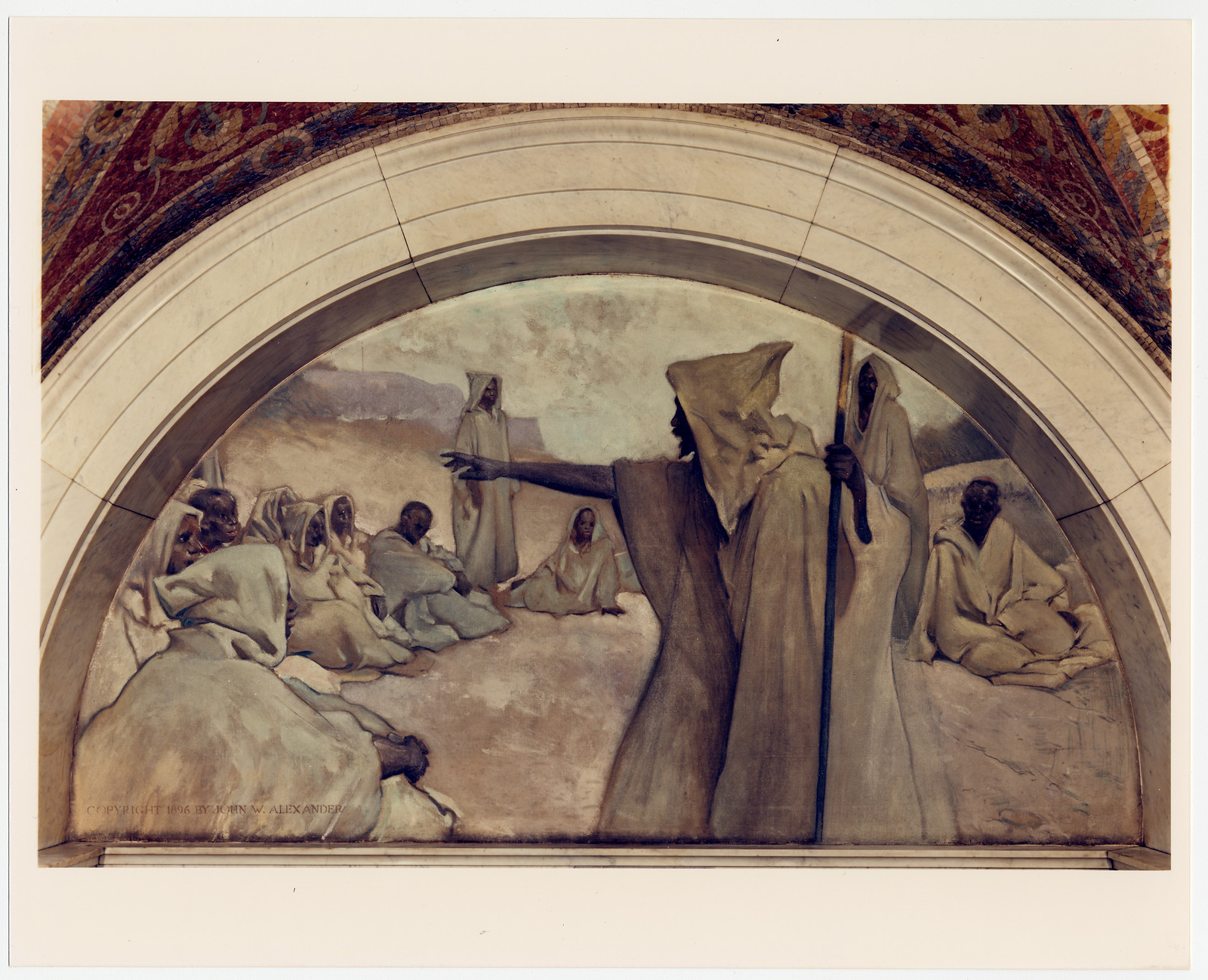 Robed figures addressing seated listeners in a lunette mural — historic image