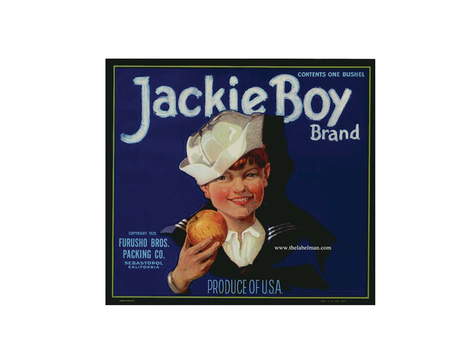 Jackie Boy Brand apple crate label, Furusho Bros., Sebastopol — historic image