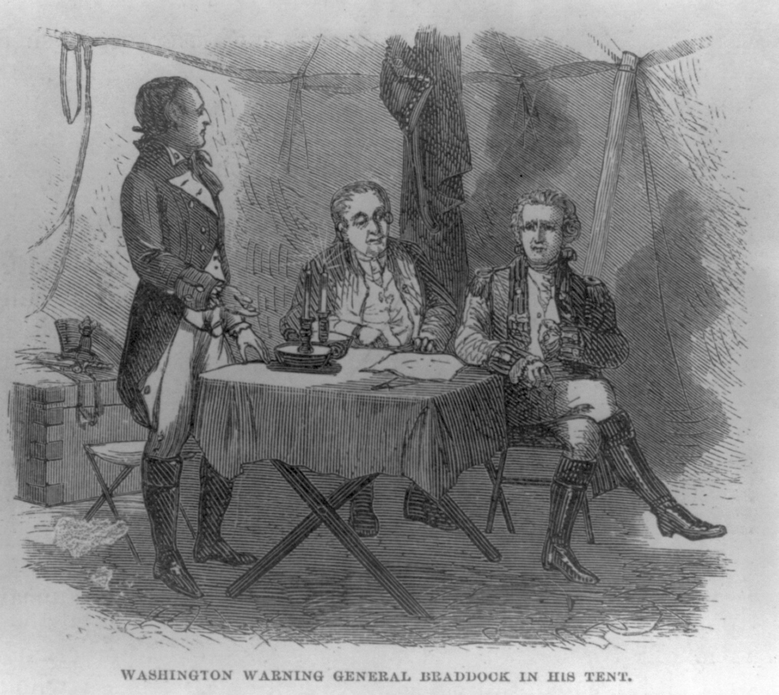 [Washington warning General Braddock in his tent] — historic print