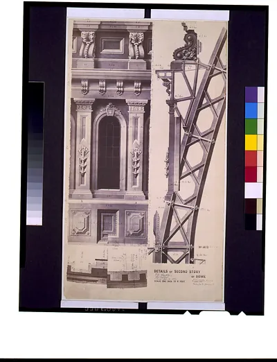 [United States Capitol (Washington, D.C.). Dome details. Second story. Elevation, section, and plans. Rendering.] / Tho. U. Walter, architect, Washington, D.C.
