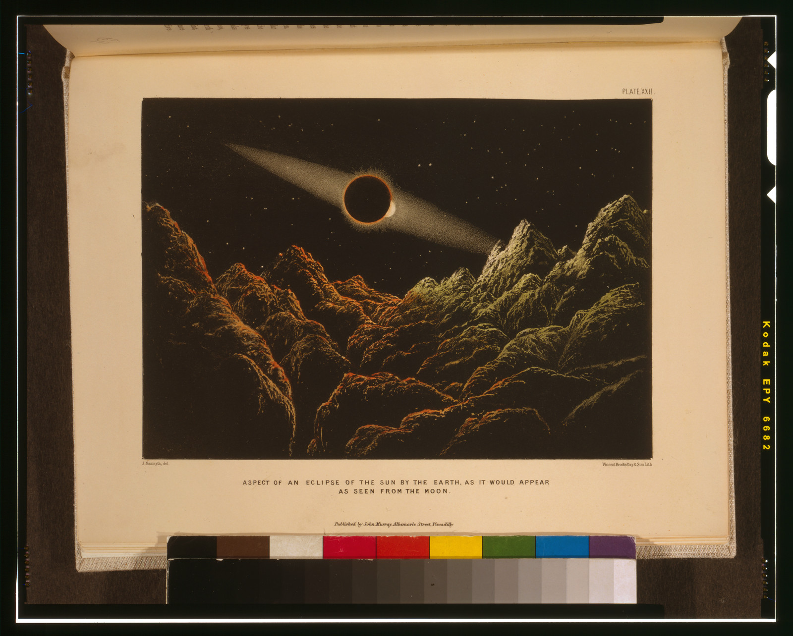 Aspect of an eclipse of the sun by the earth, as it would appear as seen from the moon / J. Nasmyth del. ; Vincent Brooks Day & Son Lith., [London] : Published by John Murray, [1874] — antique lithograph
