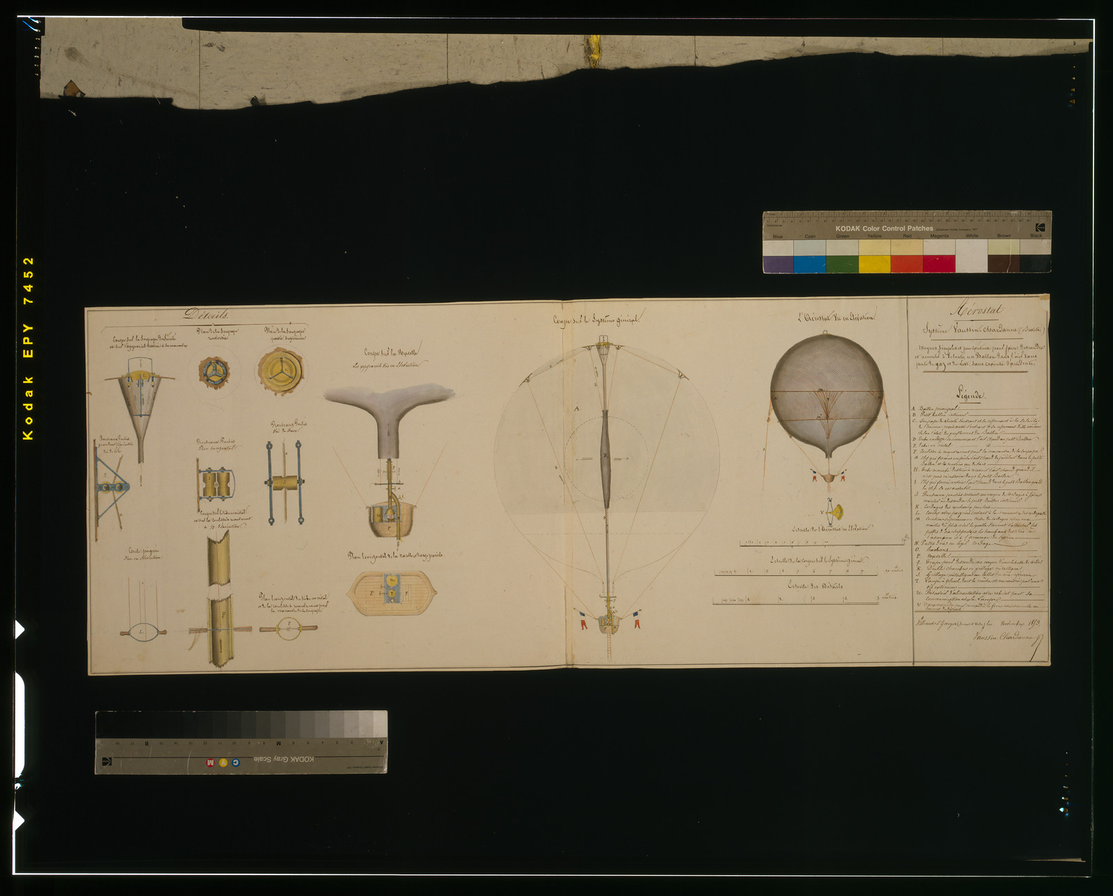 Aèrostat système Vaussin Chardanne (brevetè). Moyens simples et peu couteuse pour faire descendre et remonter à volanté un ballon dans l'air sans perté de gaz et de lest, sans crainté l'accidents / Villenueve St. Georges (Seine et Oise), le novembre 1853, Vaussin Chardanne., [1853] — historic drawing