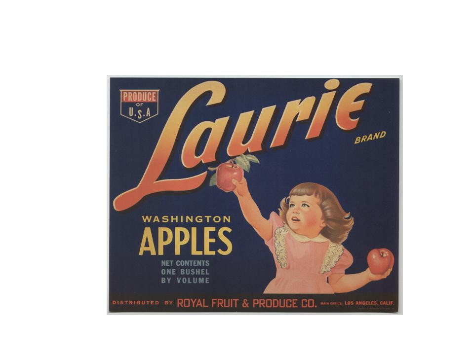 Laurie Brand Washington Apples crate label with girl and apples — historic image