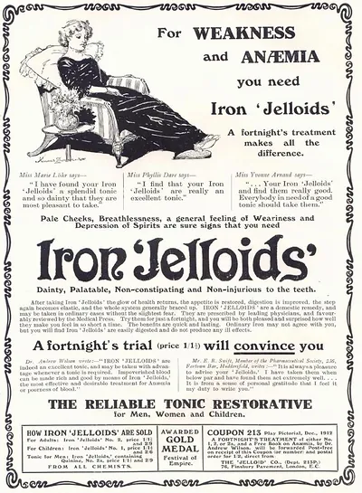 Vintage advertisement for Iron 'Jelloids' tonic for weakness and anaemia
