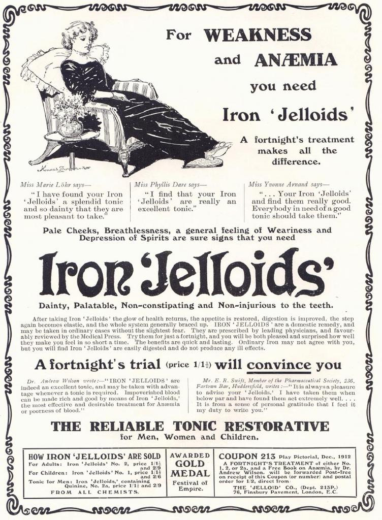 Vintage advertisement for Iron 'Jelloids' tonic for weakness and anaemia — historic image