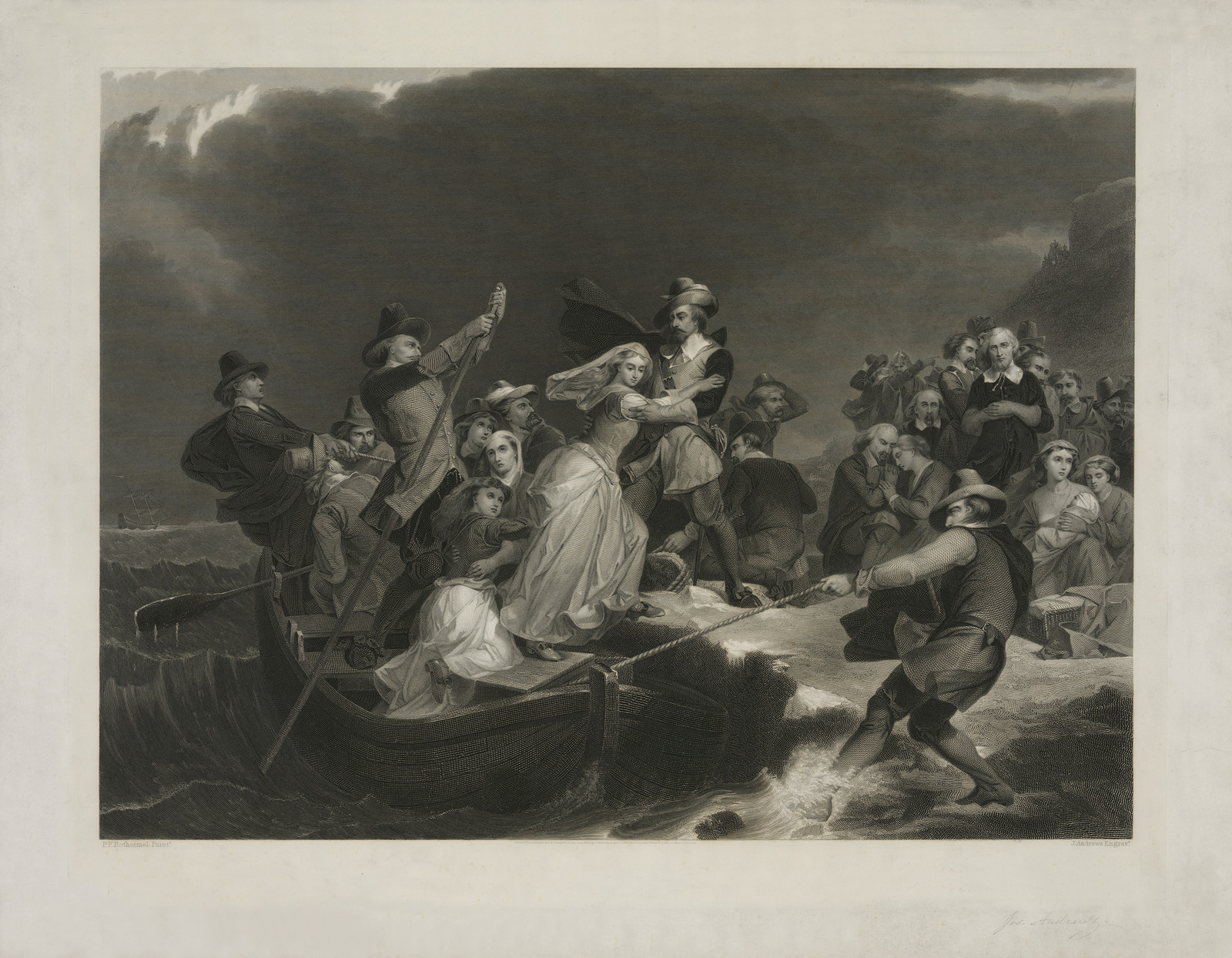 Engraving of colonists in a boat under a stormy sky — antique engraving