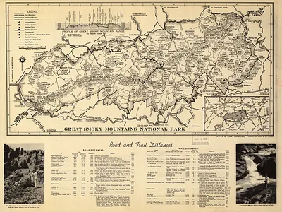 Map of Great Smoky Mountains National Park with road and trail distances