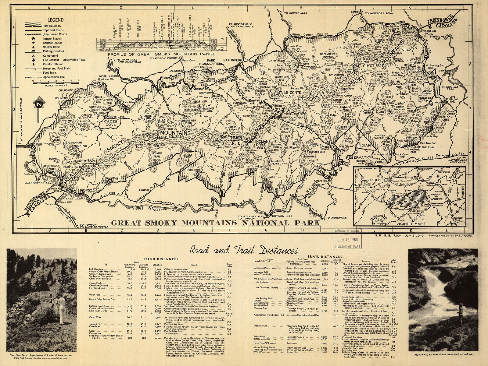 Map of Great Smoky Mountains National Park with road and trail distances, 1940 — antique map