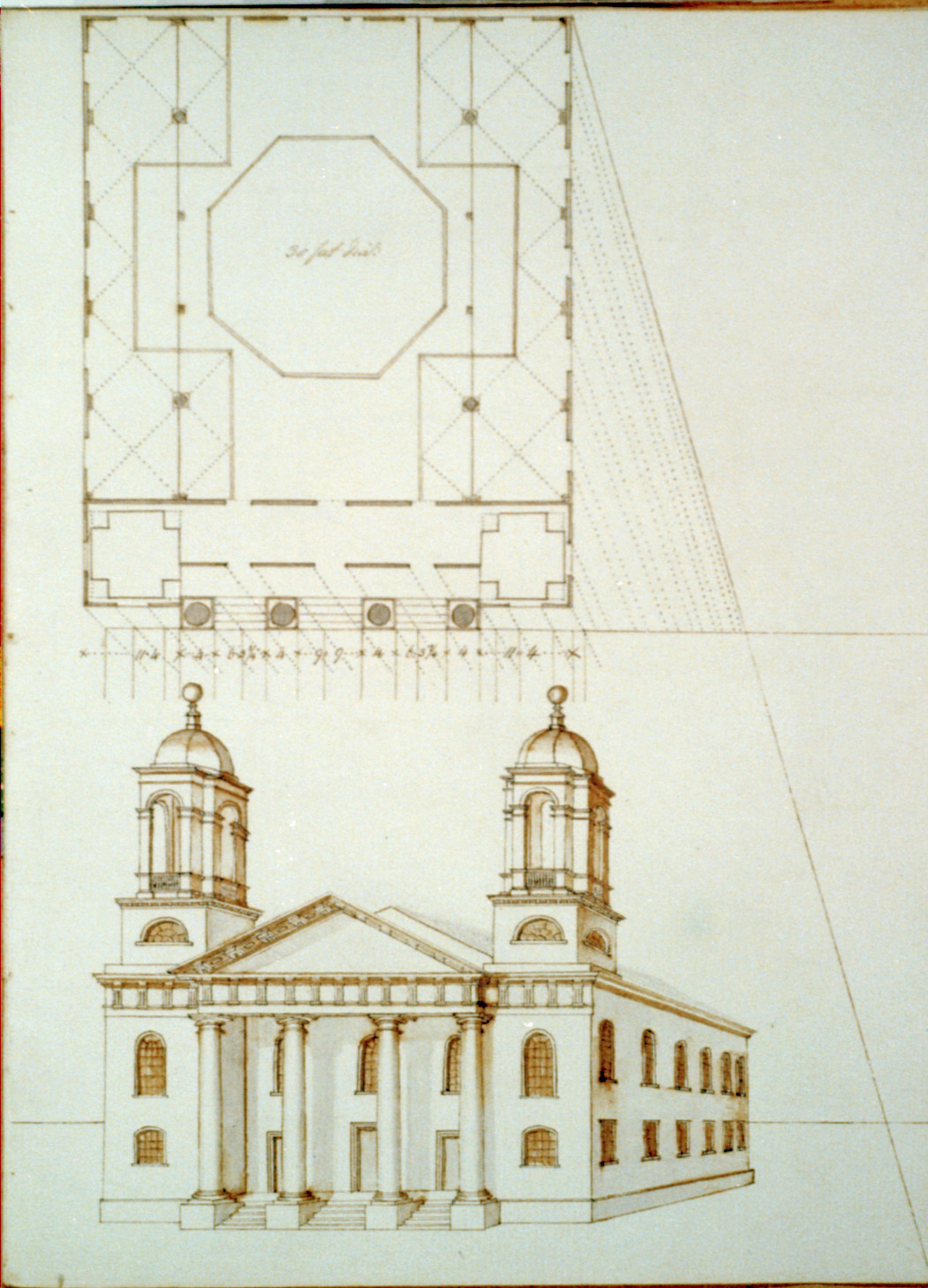 [Meeting house (Hollis Street, Boston, Mass.). Plan and perspective], [between 1803 and 1827] — historic drawing