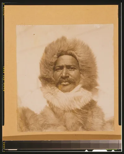 [Matthew Alexander Henson, head-and-shoulders portrait, facing front, wearing fur hat and fur coat]