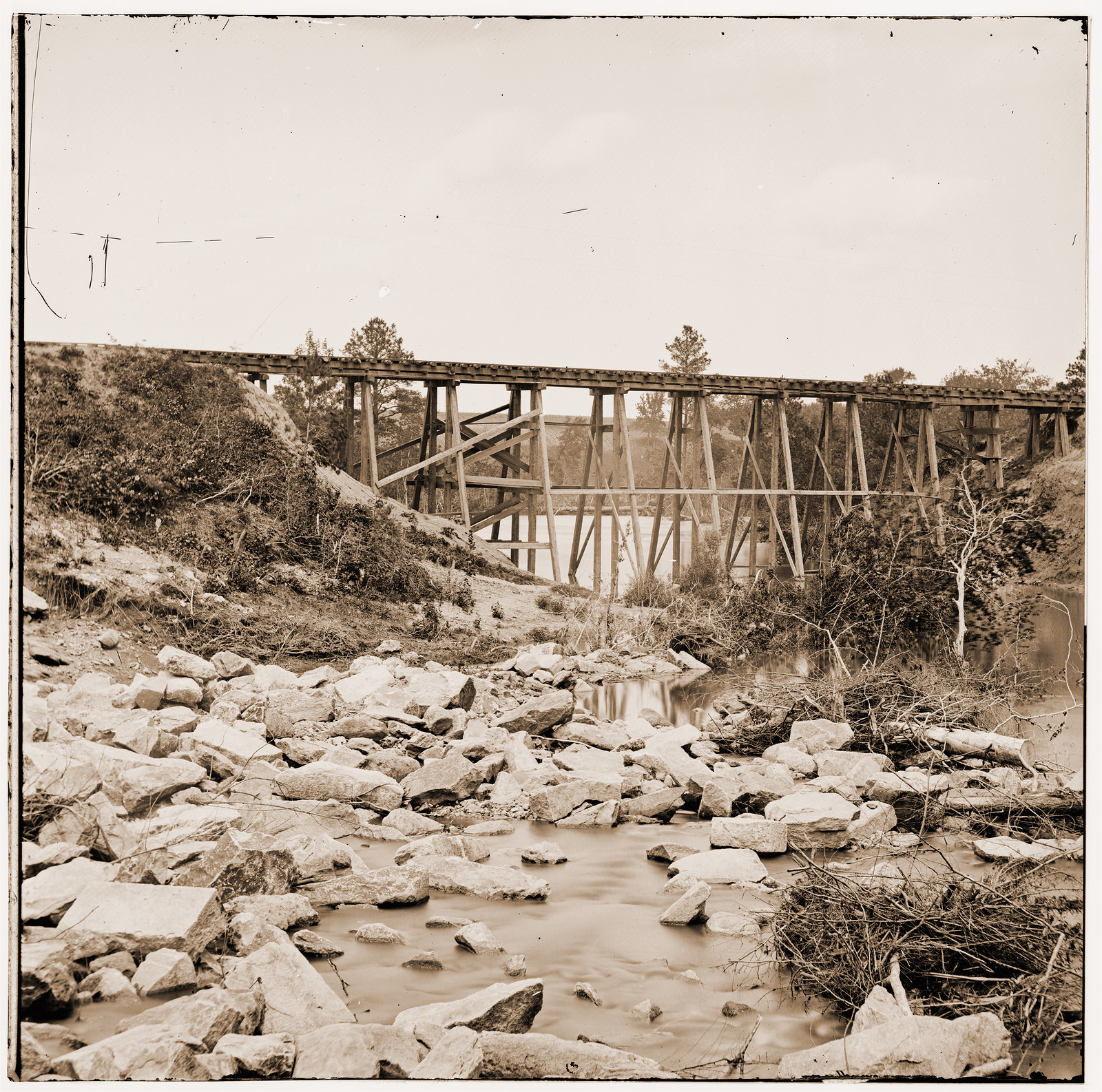 Petersburg Virginia (vicinity). South Side Railroad trestle (west of Petersburg) ac, 1865 — historic photograph
