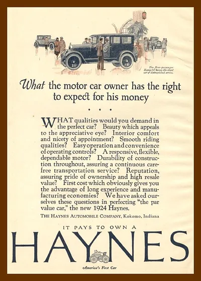 Haynes motor car advertisement: It Pays to Own a Haynes