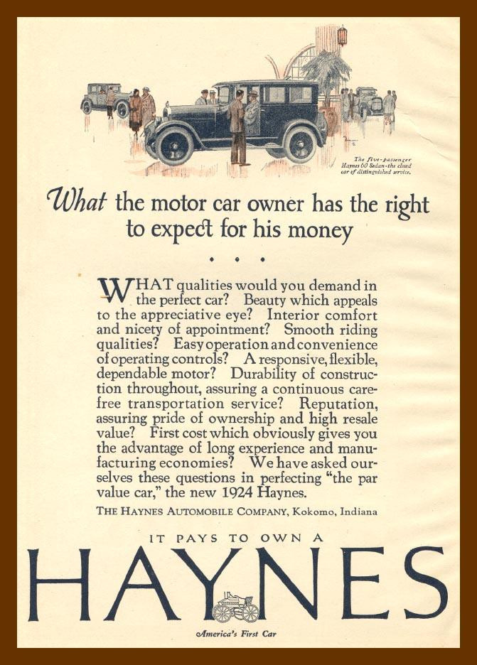 Haynes motor car advertisement: It Pays to Own a Haynes — historic image