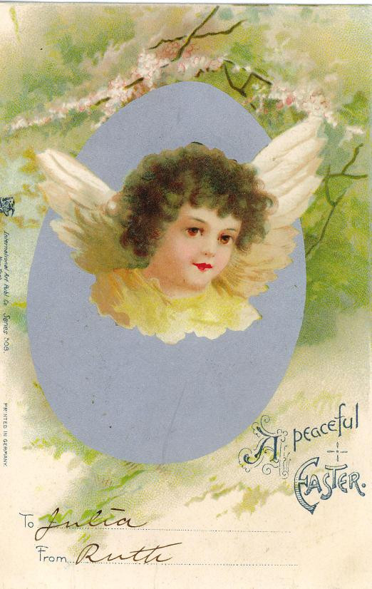 Easter greeting card with angel in blue egg — historic image