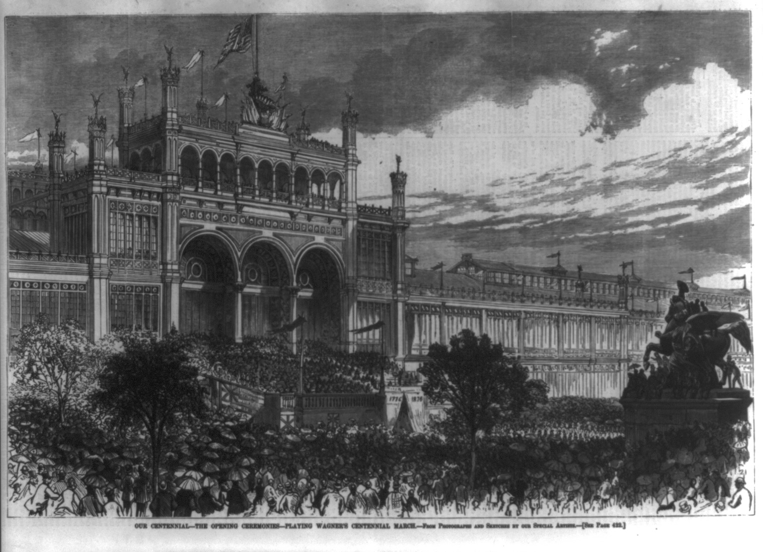 [Crowd in front of building at the opening ceremonies of the centennial in Philadelphia, 1876. Band playing Wagner's Centennial March], [1876] — antique engraving