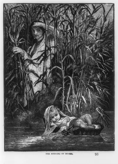 [Moses being found in the bullrushes; 2 very similar engravings: the find-ing of Mo-ses" p. 93]"