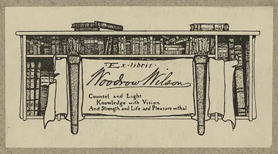 Ex libris Woodrow Wilson bookplate with bookshelf design