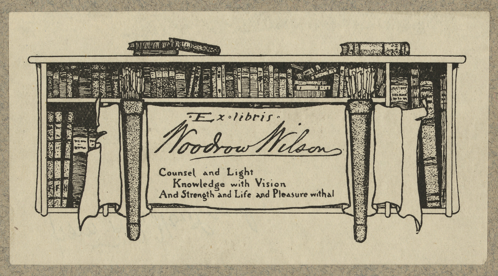Ex libris Woodrow Wilson bookplate with bookshelf design — historic image