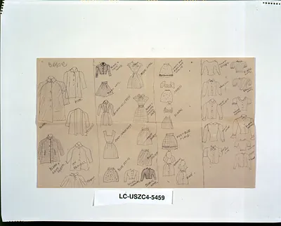 Pencil sketches of clothing designs with handwritten labels