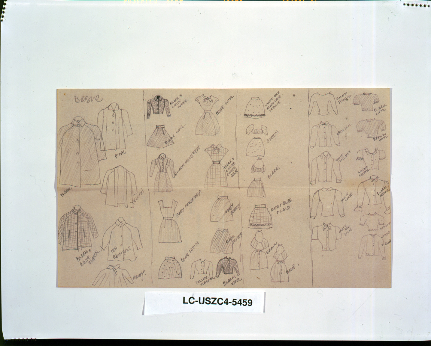 Pencil sketches of clothing designs with handwritten labels — historic image