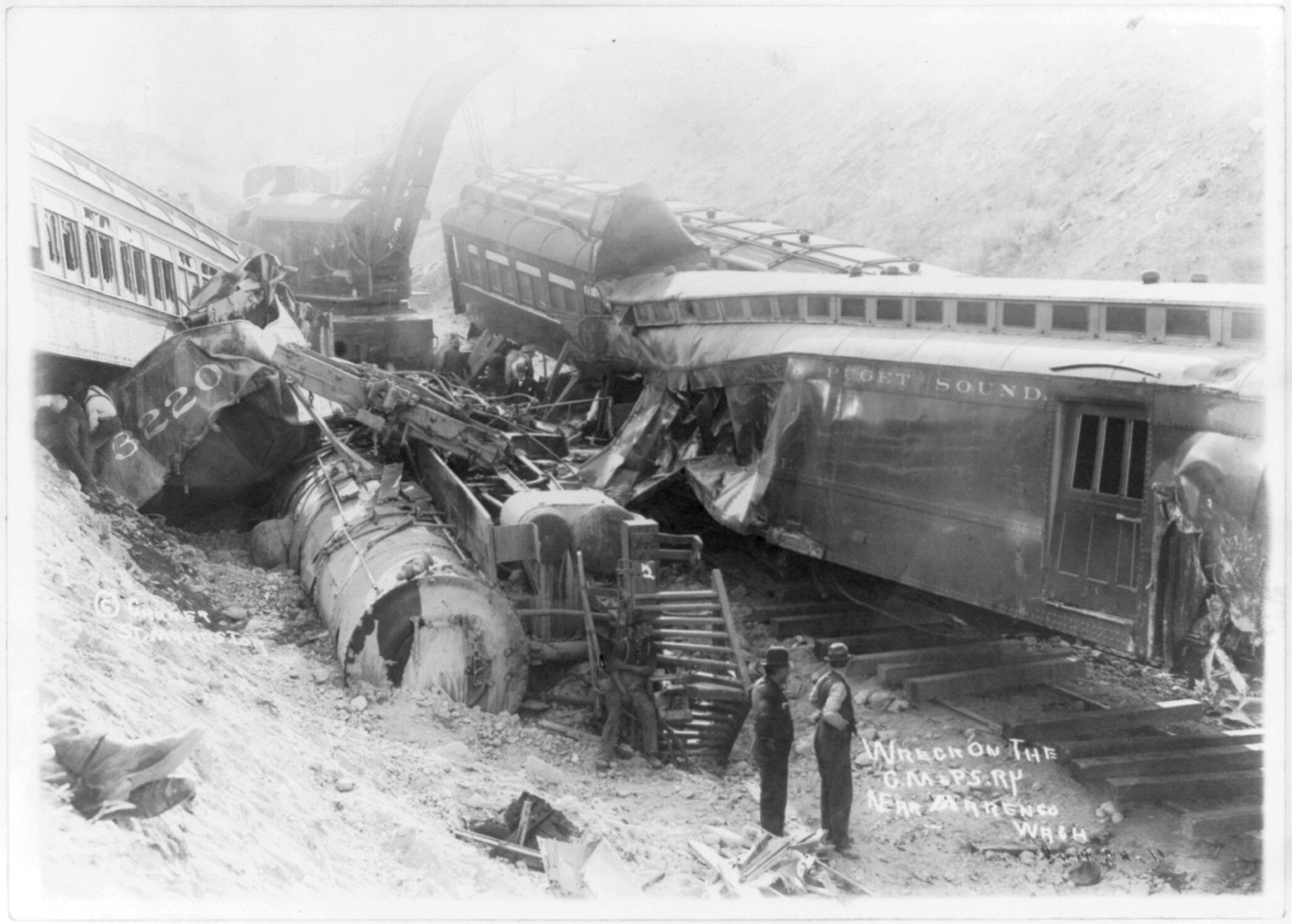 Wreck on the Chicago, Milwaukee & Puget Sound Railway, May 30, 1911, near Marnego, Wash., c1911 July 3. — historic photograph