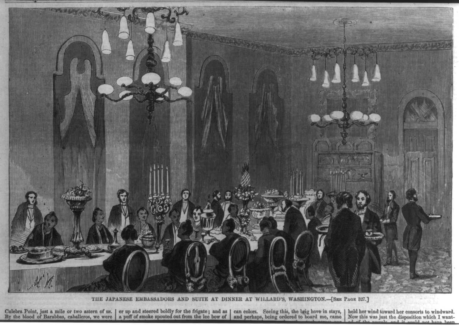 The Japanese embassadors and suite at dinner at Willards, Washington, 1860 — antique engraving