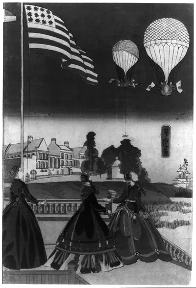 Tokyo tsukiji kaigunsho heikikyu shiken narabini ni ju seiyokan chobo no zuTITLE TRANSLATION:Japanese navy department tests balloons in front of the American Consulate.