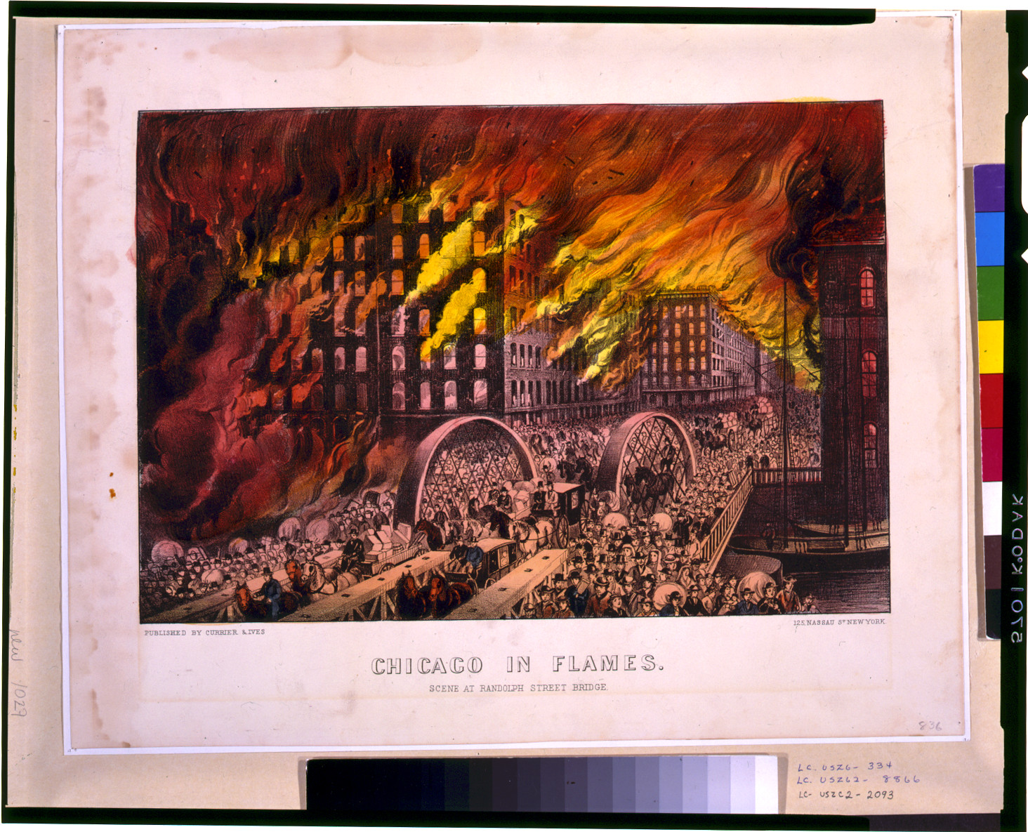 Chicago in flames: Scene at Randolph Street Bridge, [New York] : Currier & Ives, [between 1872 and 1874] — antique lithograph