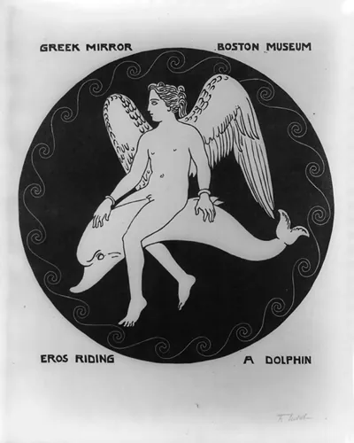 [Mythological figure from ancient Greek mirror in Boston Museum: Eros riding a dolphin]