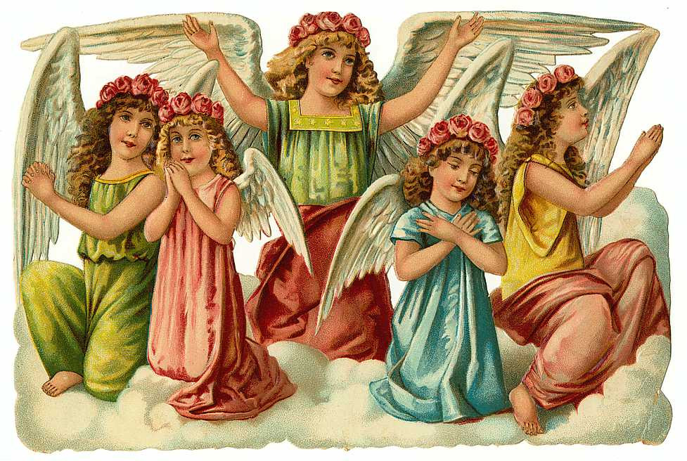 Five angels kneeling on clouds, Victorian scrap picture — historic image