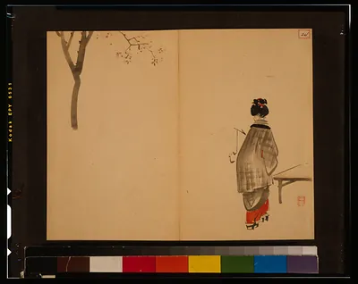 Ink painting of a woman in kimono beside a blossoming branch
