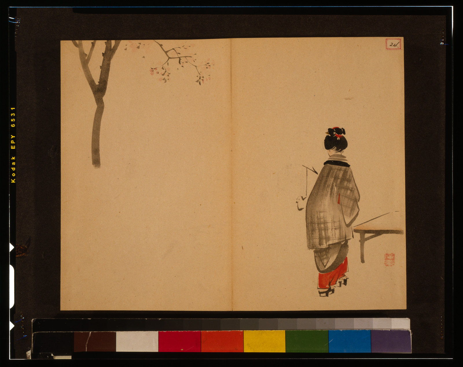 Ink painting of a woman in kimono beside a blossoming branch — historic print