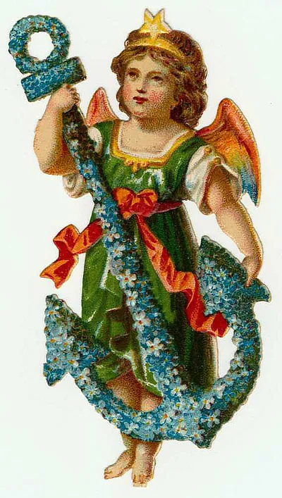 Winged cherub with crown holding blue forget-me-not garland
