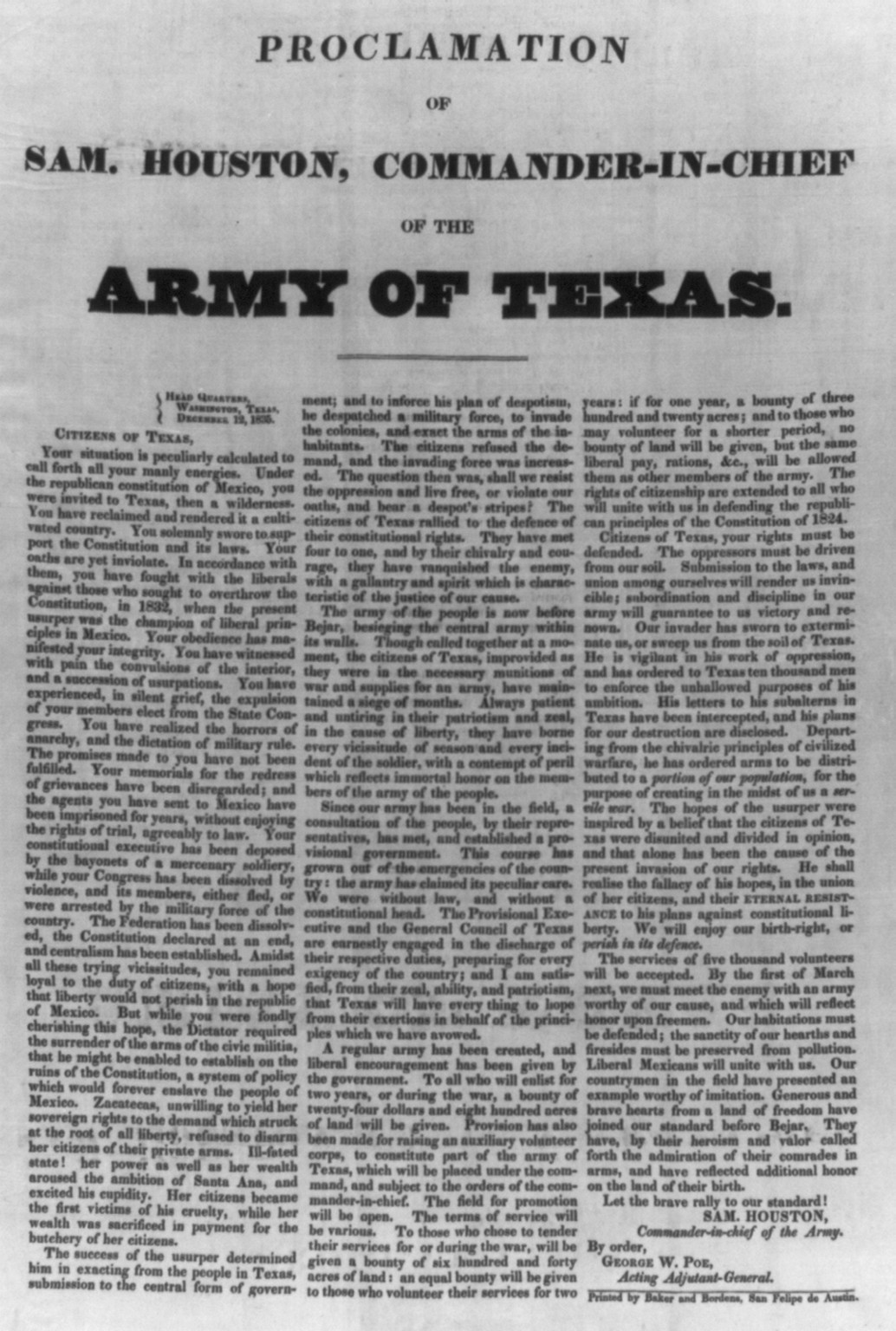 Proclamation of Sam. Houston, Commander-in-Chief of the Army of Texas...December 12, 1835 [to] Citizens of Texas... — historic print